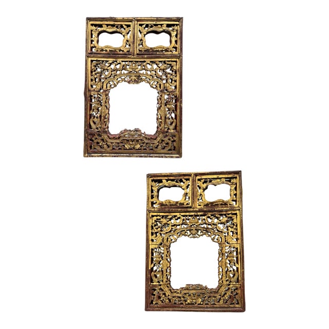 Pair of Early 20th Century Red Lacquered Gilded Chinese Screens Converted to Mirrors For Sale