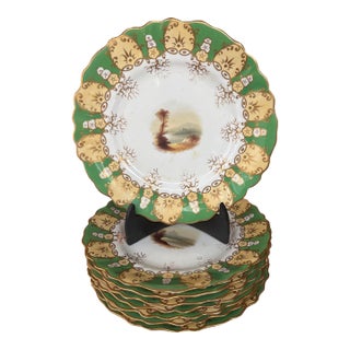 Antique Green & Gilt Porcelain Plates Scenic Victorian C 1900 Gold Scalloped - Set of 10 For Sale