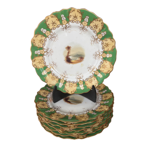 Antique Green & Gilt Porcelain Plates Scenic Victorian C 1900 Gold Scalloped - Set of 10
