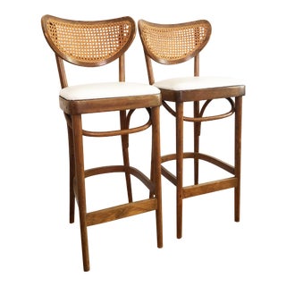 Mid Century Cane and Bentwood Thonet Style Bar Stool - Set of 2 For Sale
