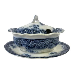 Antique Booths Canterbury Pattern Flow Blue Tureen With Tray Made in England - Circa 19th Century