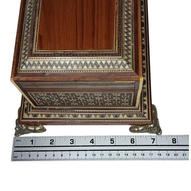 Vintage Large Wood Box Micro Mosaic Inlaid Marquetry With Blue Velvet 17 X 7 X 4.5 For Sale - Image 15 of 17