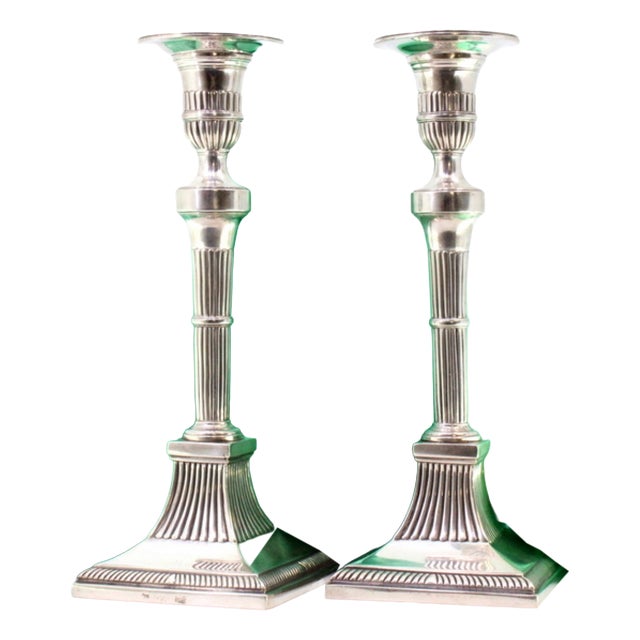 Silver Candlesticks with Reliefs and Fluting on Square Base in the D. José Style, Set of 2 For Sale