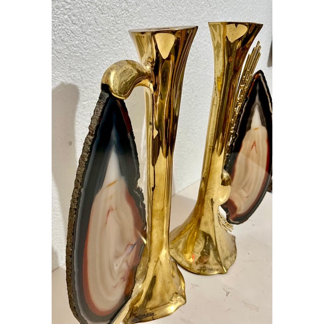 Jacques Duval Brasseur, 1970s French Brass & Raw Mineral Agate Specimen Sculpture Art Candlesticks Pair, c.1970's For Sale - Image 12 of 12