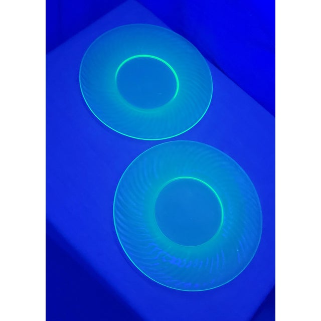 Green Early 20th Century Uranium Glass Transparent Green Salad Plates Set of 2 For Sale - Image 8 of 12