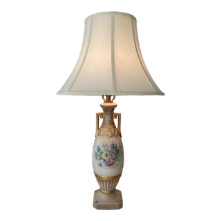 1940s Porcelain Floral and Gold Table Lamp With New Wiring For Sale