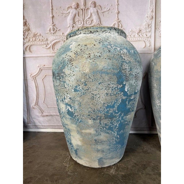 Spanish Pair of Large Antique Terracotta Urns With Weathered Blue Patina For Sale - Image 3 of 17