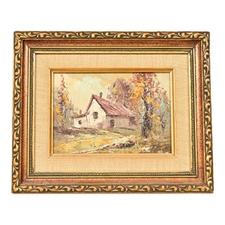 Original Artist Signed Impressionist Rural Landscape Oil on Canvas Painting of Cottage in Carved Giltwood Frame For Sale