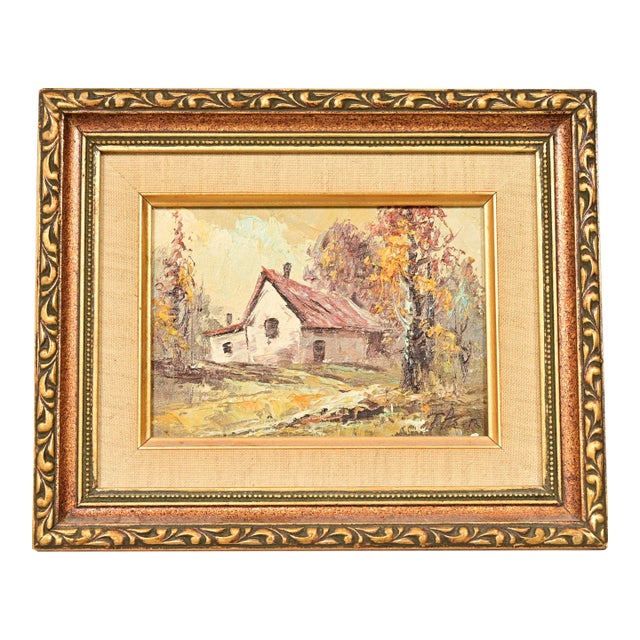 Original Artist Signed Impressionist Rural Landscape Oil on Canvas Painting of Cottage in Carved Giltwood Frame For Sale