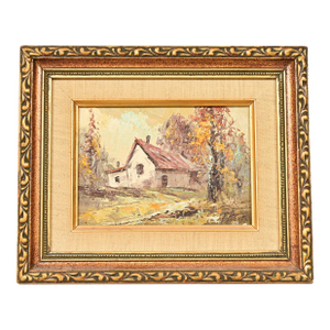 Original Artist Signed Impressionist Rural Landscape Oil on Canvas Painting of Cottage in Carved Giltwood Frame