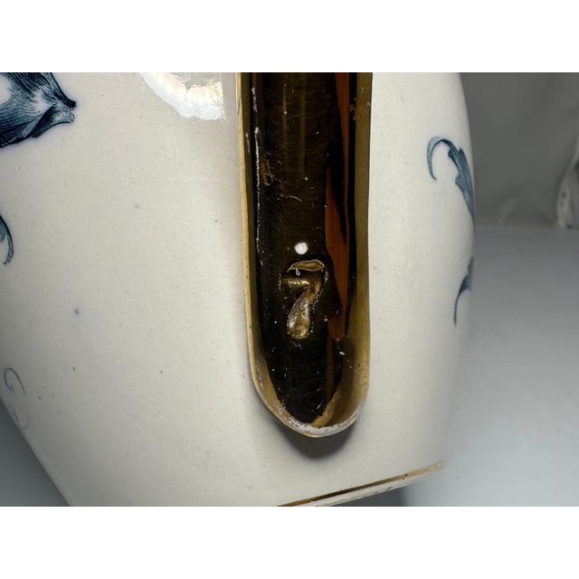 White Antique Blue Floral Transferware Pitcher - Gold Gilt Accents c. 1904 For Sale - Image 8 of 10