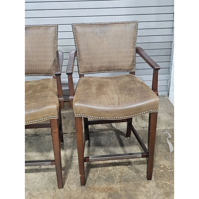Wood Late 20th Century Set of Four Hickory Chair Mahogany Alligator Pattern Leather Counter Stools For Sale - Image 7 of 11