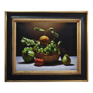 Basket with Fruit, Realist Oil on Canvas For Sale