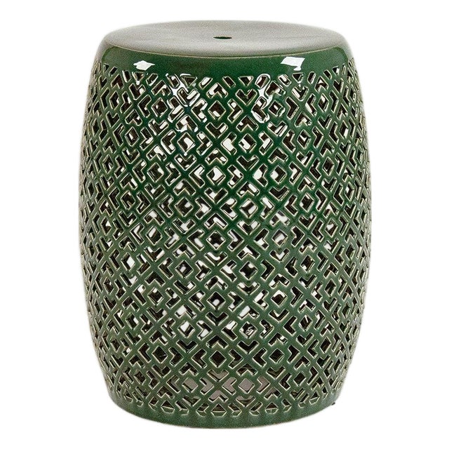 Lorin Dark Teal Green Glaze Diamond Pierced Garden Stool For Sale