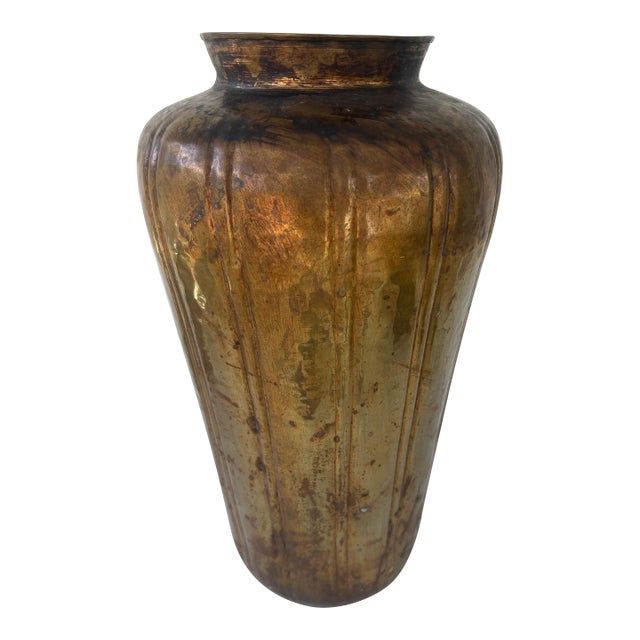 Vintage Large Hand-Hammered Brass Floor Vase With Aged Patina – 16.5” For Sale