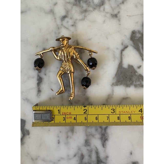 Vintage Asia Man With Water Gold Tone Brooch For Sale - Image 4 of 4