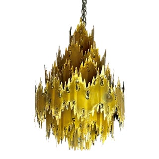 Brutalist Torch Cut Brass 7 Tier Chandelier by Tom Greene for Feldman For Sale