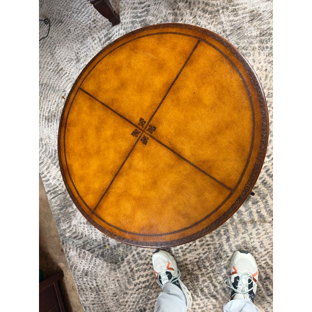 Wood Butler Specialty Co. Hand-Painted Tooled Leather & Iron Drum Accent Table For Sale - Image 7 of 9