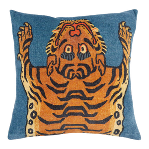 Tibetan Tiger Velvet Pillow in Blue, 18"x18"