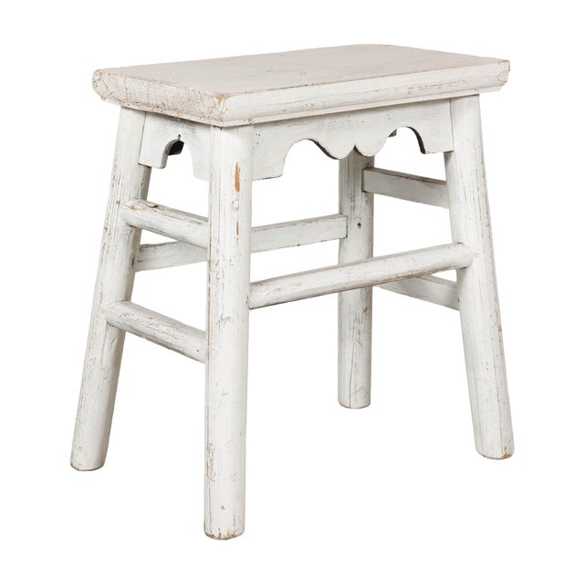 White Vintage Chinese Rustic Country Style White Painted Wooden Stool For Sale - Image 8 of 16
