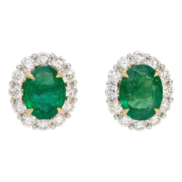 Natural 5.6 Carat Emerald and Diamond Stud Earring- Set of 2 For Sale