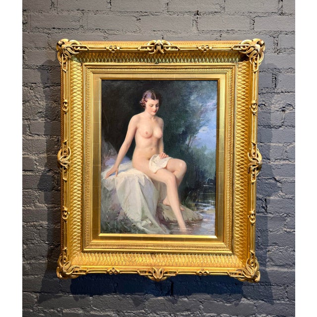 Realism Alfred Georges Hoën 1920s French Academic Oil Painting of a Nude Bather For Sale - Image 3 of 13