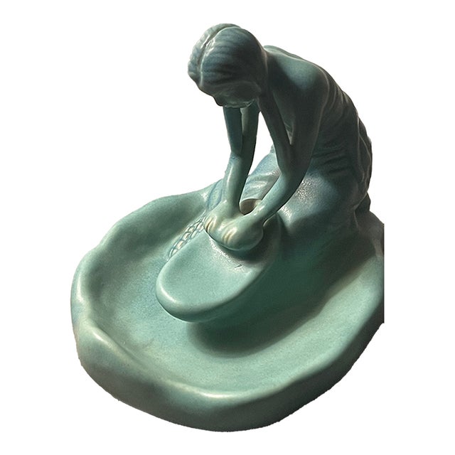 Van Briggle Pottery Vintage Ming Blue Native American Indian Girl Grinding Corn Maize For Sale