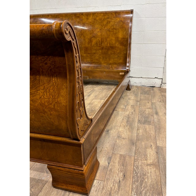 Vintage Henredon King Size Charles X Empire Style Burled Burl Sleigh Bed For Sale - Image 9 of 10