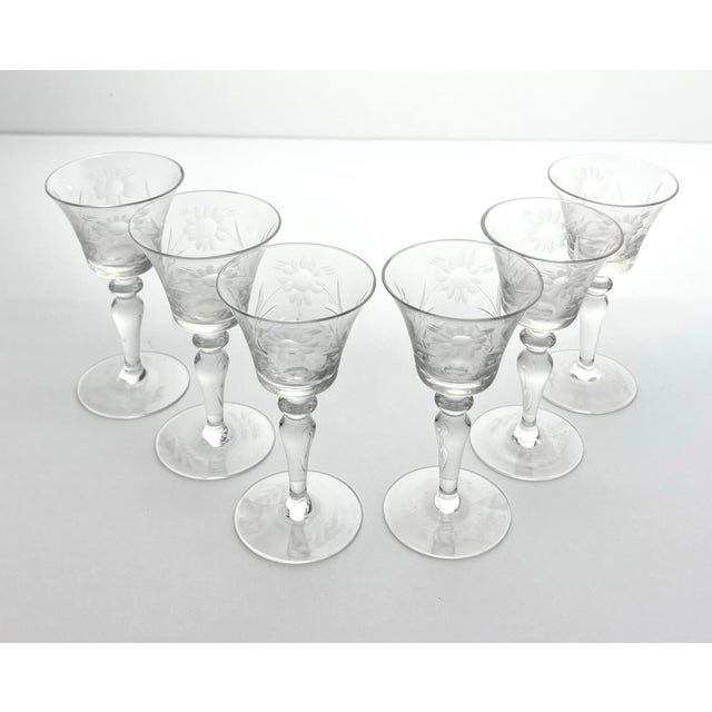 American 1950s Etched Flower Cordial Liquor Wine Glasses - Set of 6 For Sale - Image 3 of 10