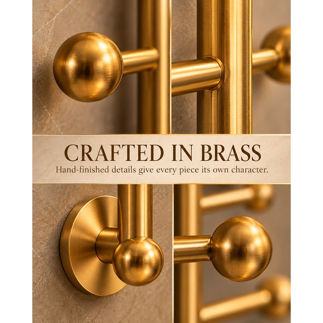 Brass Wall Mounted Towel Rack | Vertical Multi-Arm Towel Holder | Luxury Bathroom Decor | Modern Brass Towel Bar With Finials 36 Inches For Sale - Image 6 of 11