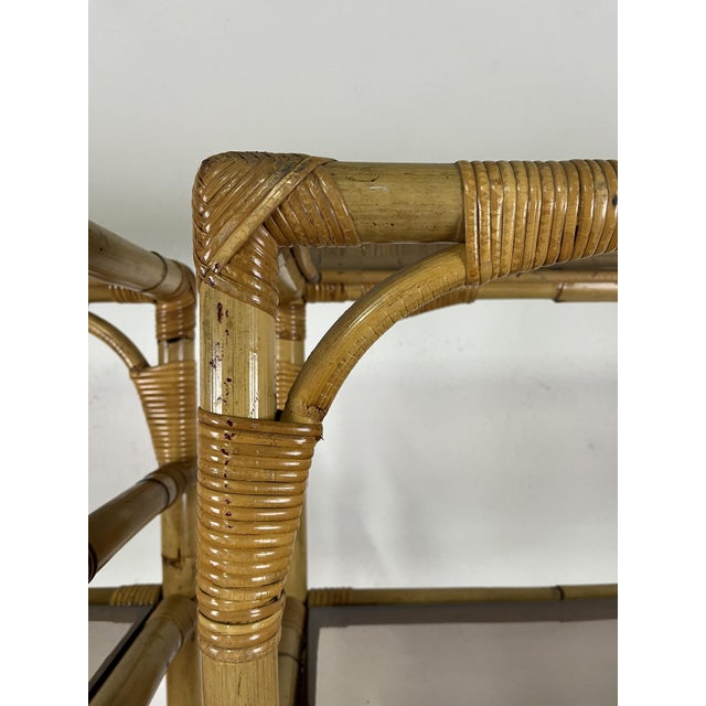 1970s Italian Bamboo and Wicker Bookcases with Glass Shelves, 1970s, Set of 2 For Sale - Image 5 of 9