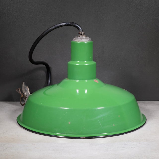 Green Vintage 18" Enameled Porcelain Green Industrial Pendant Lights c.1930-Set of 3 For Sale - Image 8 of 16