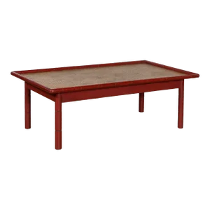 Vintage Burmese Red Lacquered Faux Bamboo & Woven Rattan Top Coffee Table