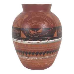 Vintage Signed Marked Navajo Bear Clay Vase Hand Painted Etched