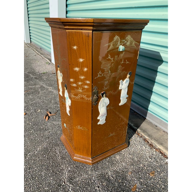 Mid Century Asian Carmel Color With Mother of Pearl Inlay Narrow Console For Sale In West Palm - Image 6 of 8