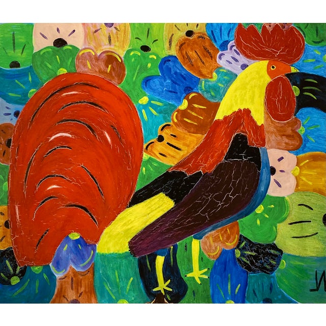 "Good Morning Rooster " by Nilo Lanzas,-Giclee Reproduction, Rooster Painting, Flower Painting, Abstract Painting Hand Embellished For Sale