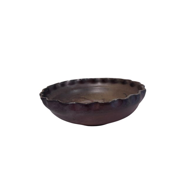 1970s Vintage Hand-Thrown Stoneware Art Bowl – Scalloped Edge Zen Enso Swirl Signed For Sale - Image 5 of 6
