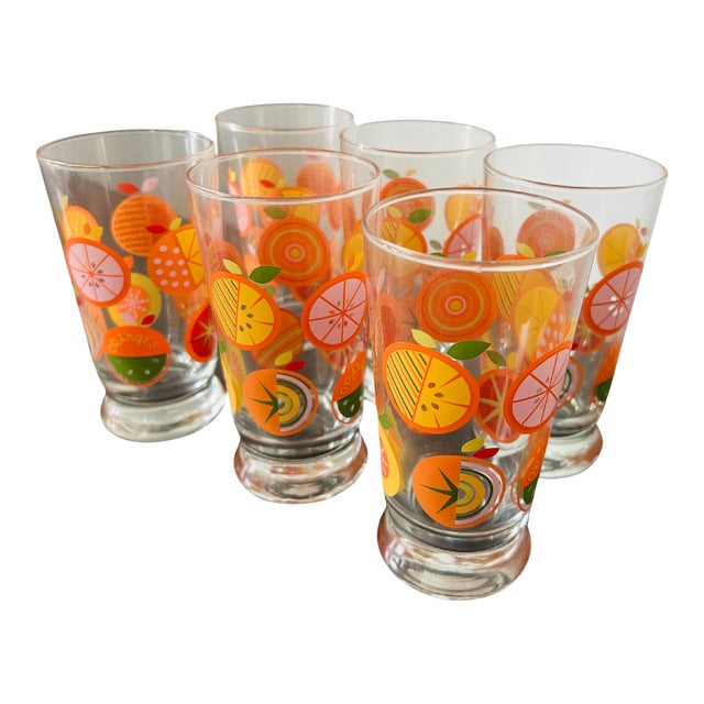 Vintage Libbey Citrus Juice Glasses Set of 6 – Mid-Century Modern Orange Slice Tumblers, 1960s–1970s Retro Barware For Sale