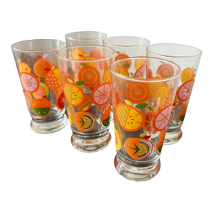 Vintage Libbey Citrus Juice Glasses Set of 6 – Mid-Century Modern Orange Slice Tumblers, 1960s–1970s Retro Barware