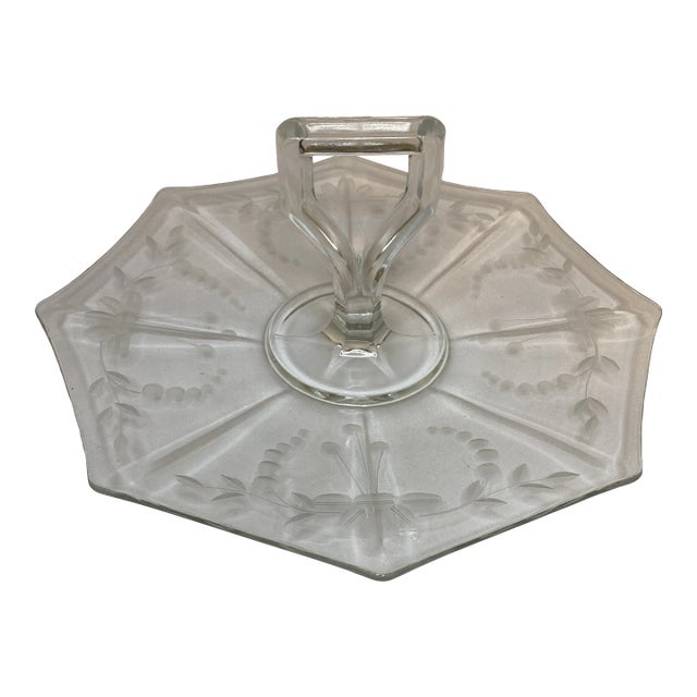 Vintage Octagonal Etched Glass Dessert Tray With Glass Handle For Sale