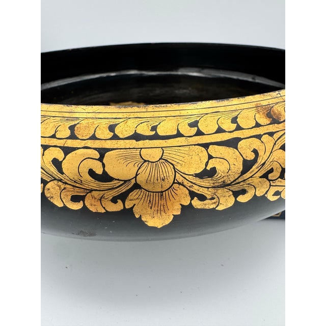 Traditional Vintage Burmese Black Lacquer Bowl With Gilt Chinthe Motif For Sale - Image 3 of 9