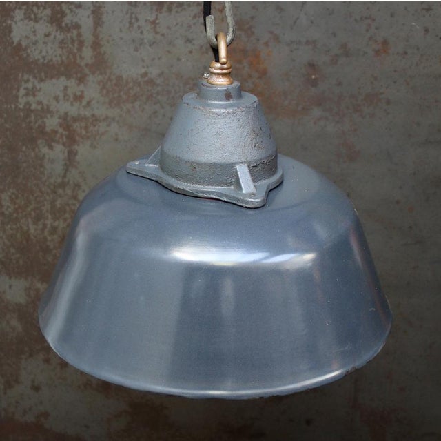 Vintage Industrial Blue Enamel and Cast Iron Pendant Lamp For Sale - Image 4 of 5