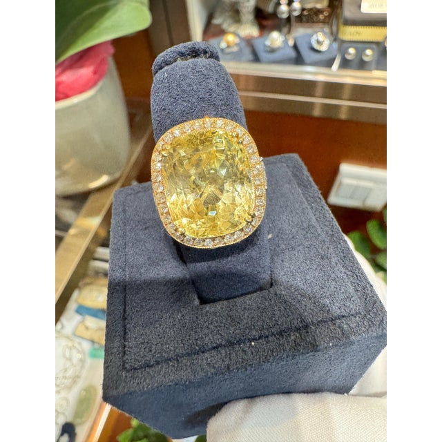 Metal Mid 20th Century 17 Carat No Heat Cushion Yellow Sapphire & Diamond Halo Ring Size 6.5 For Sale - Image 7 of 7