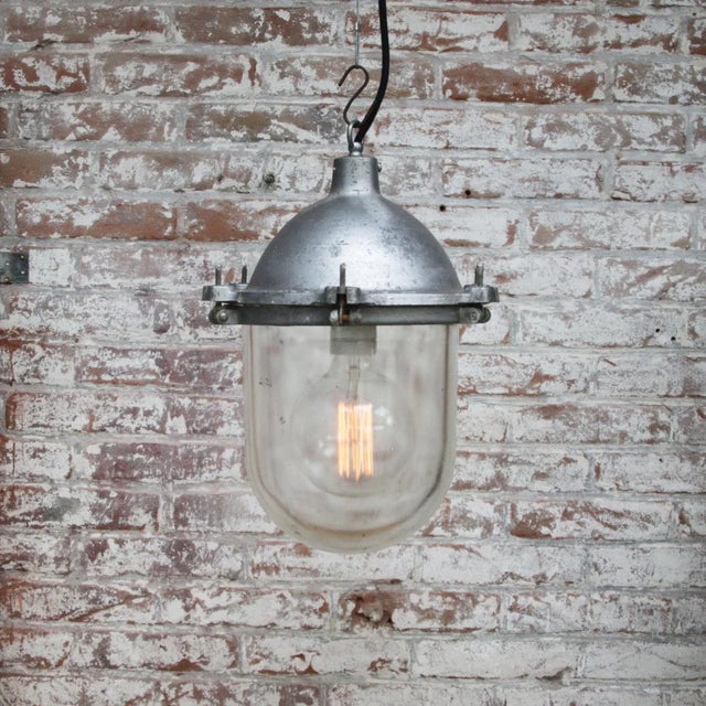 Vintage Industrial Silver Metal and Clear Glass Pendant Light For Sale - Image 5 of 6