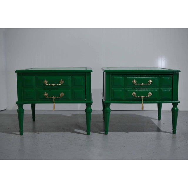 These fabulous Transitional Nightstands are beautifully refurbished in Green. The original brass hardware is bright and...