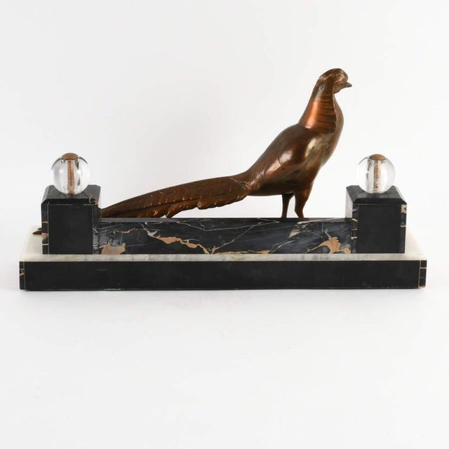 Art Deco Art Deco Bronze Pheasant Mantel Sculpture on Marble and Onyx Base For Sale - Image 3 of 9