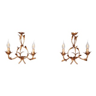 Floral Wall Sconces in Gilt Metal, Italy, 1960, Set of 2 For Sale