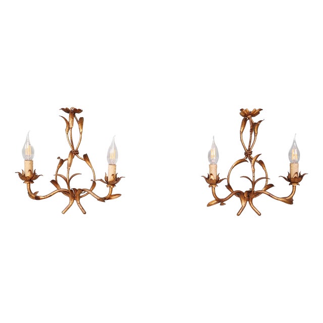Floral Wall Sconces in Gilt Metal, Italy, 1960, Set of 2 For Sale