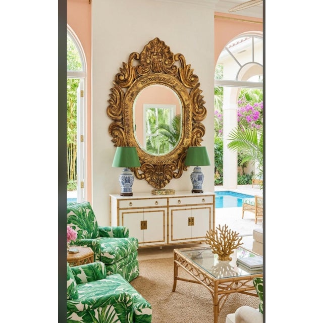 Gold Vintage Large Solid Carved Wood Gold Gilt Oval Hollywood Regency Wall Mirror For Sale - Image 8 of 8