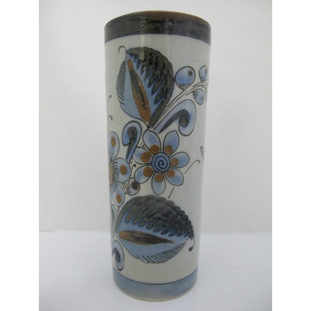 Ken Edwards Tonalá Mexican folk art pottery vase from the El Palomar Blue collection. Stoneware cylinder vase with sweetly...